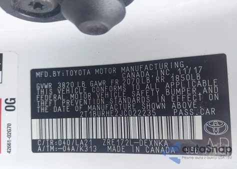 2018 Toyota Corolla Xle z USA, uszkodzony, nr VIN 2T1BURHE2JC022235